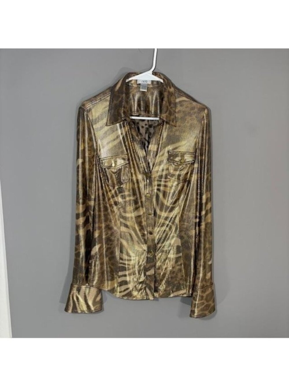 Caché Shirt Womens Large Gold Animal Print Snap Front Long Sleeve Top Stretch